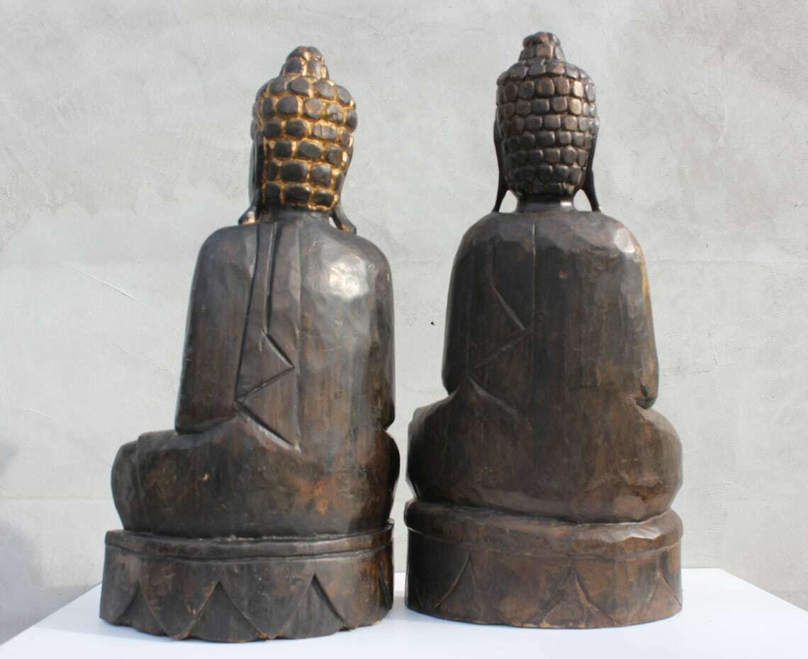 Two Wooden Buddha Statues, A Pair Meditating Hand Carved Buddha Statuettes, Thai photo vinterior