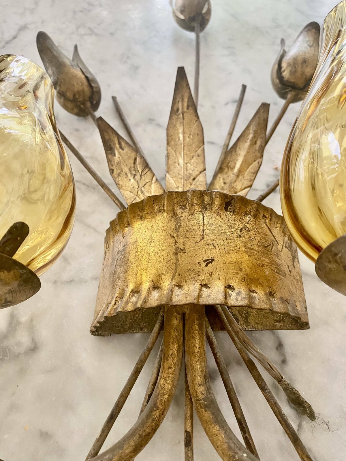 Pair Of Glass And Golden Metal Wall Lights Period 1950 photo for sale