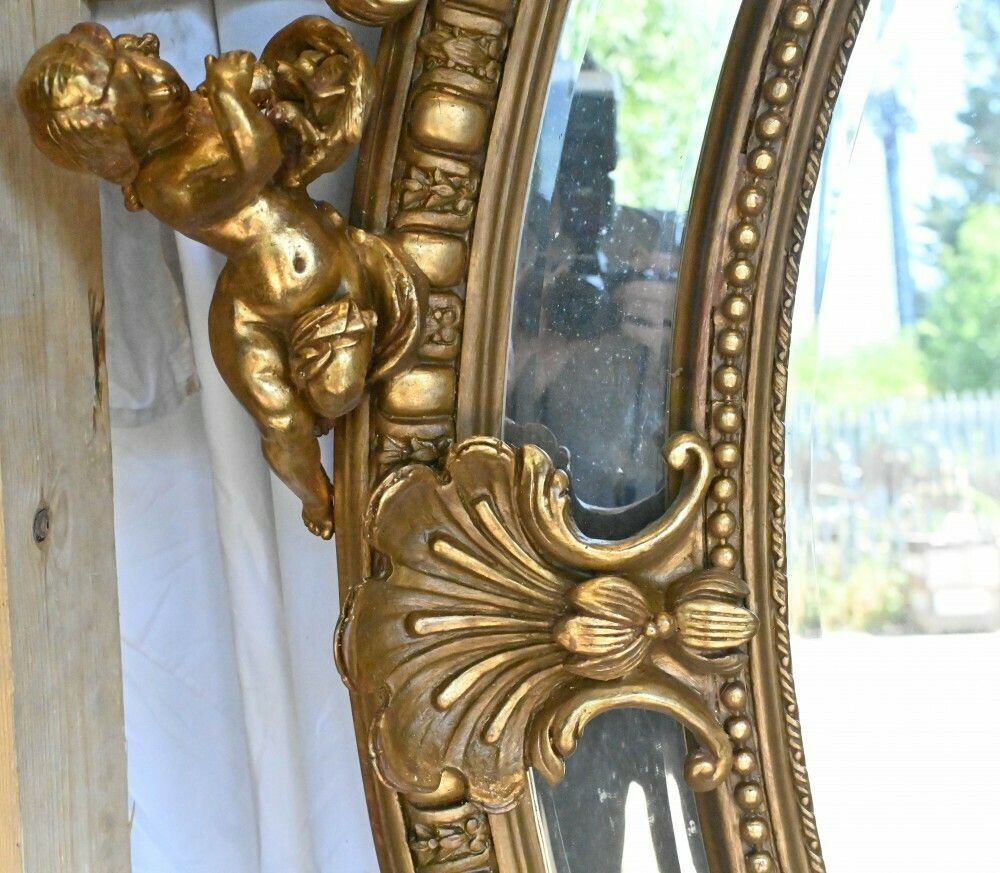 photo furniture Large French Gilt Mirror Oval Cherub Frame Louis XVI