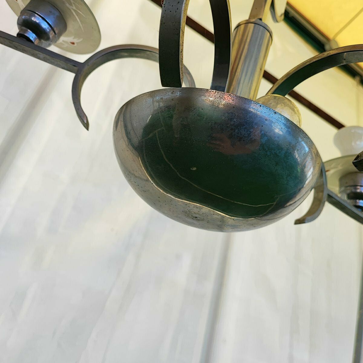 70s Chandelier With Silk Screened Glass Details photo for sale