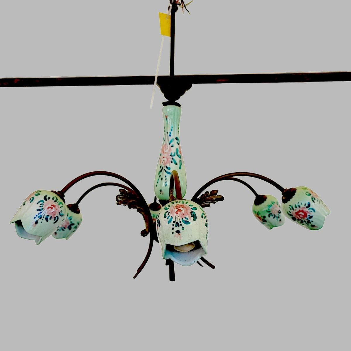 1950s 60s Chandelier In Hand Painted Ceramic And Metal