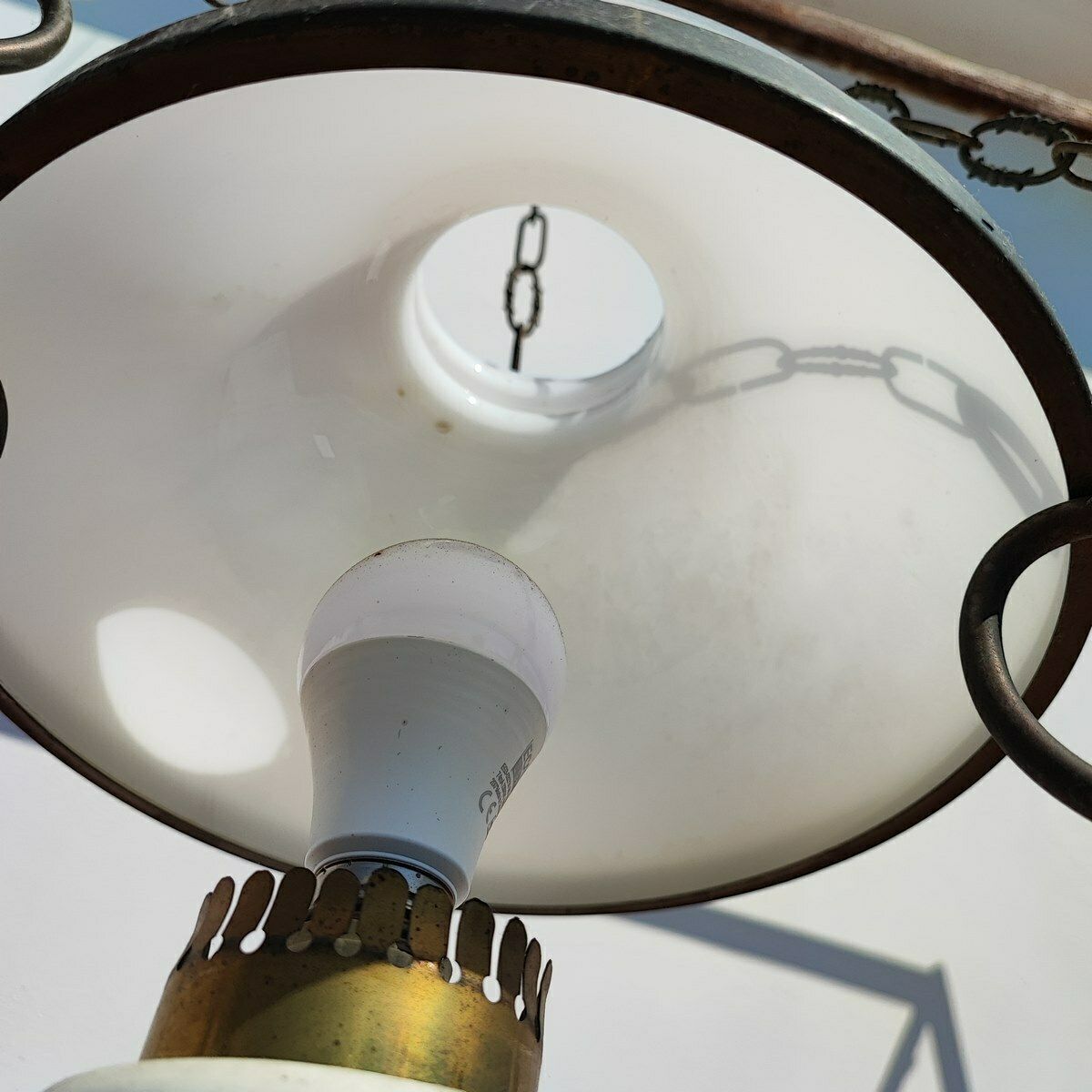 Chandelier In White Opaline Glass And Metal From The 30s And 40s photo vinterior