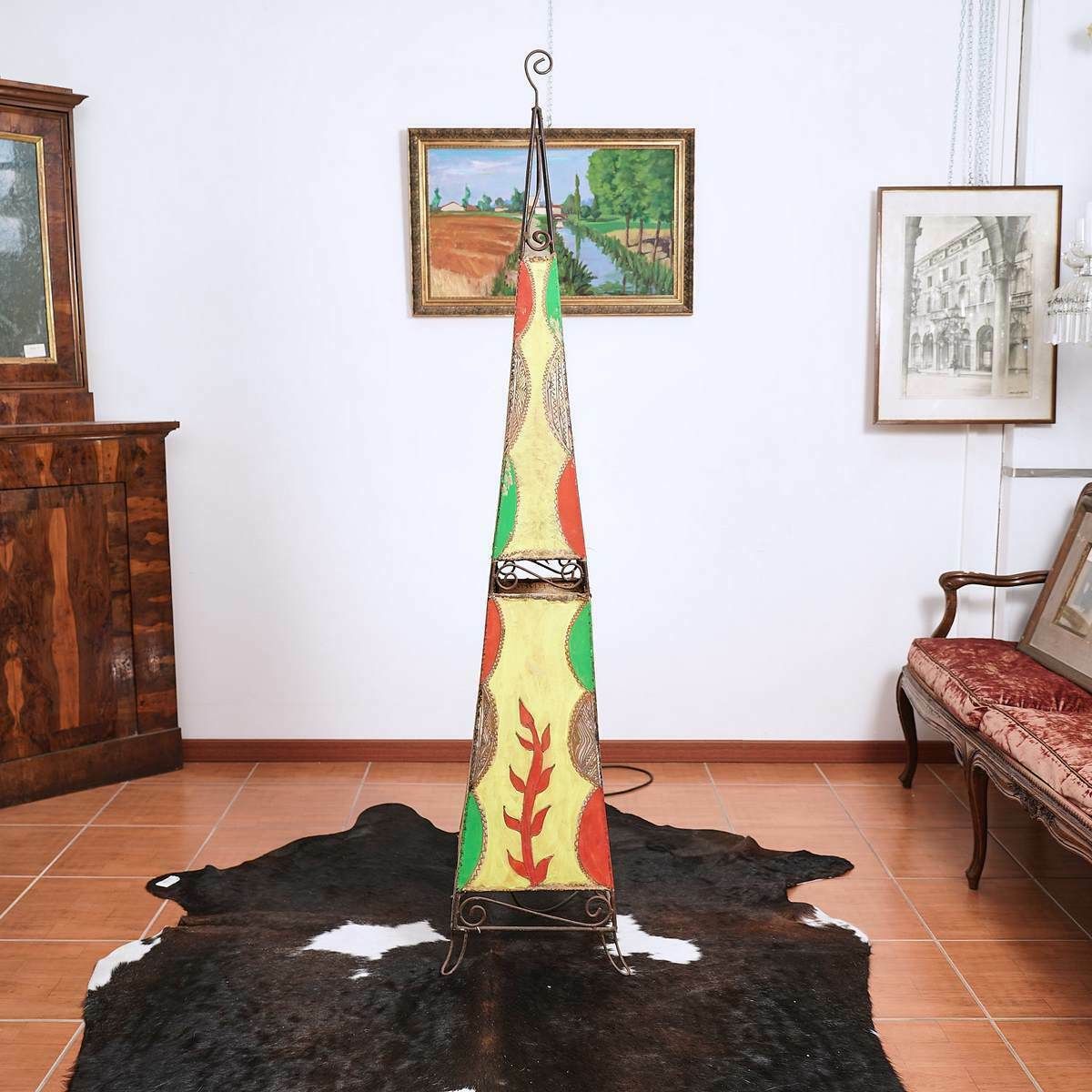 Ethnic Lamp In Painted Leather And Iron