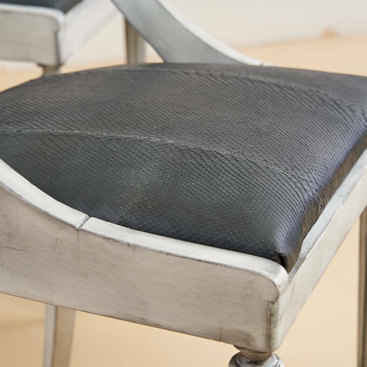 Vintage Grey White Wooden Chairs And Genuine Gray Snakeskin Seat photo 2147.0