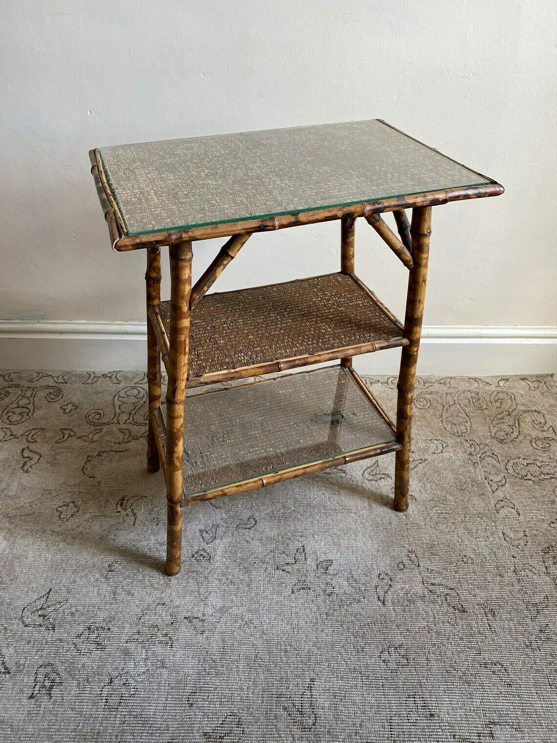 Victorian Tiger Bamboo Side Table Or Antique Occasional End Lamp Table Or Bedside With Shelves And Protective Glass For The Grasscloth Top
