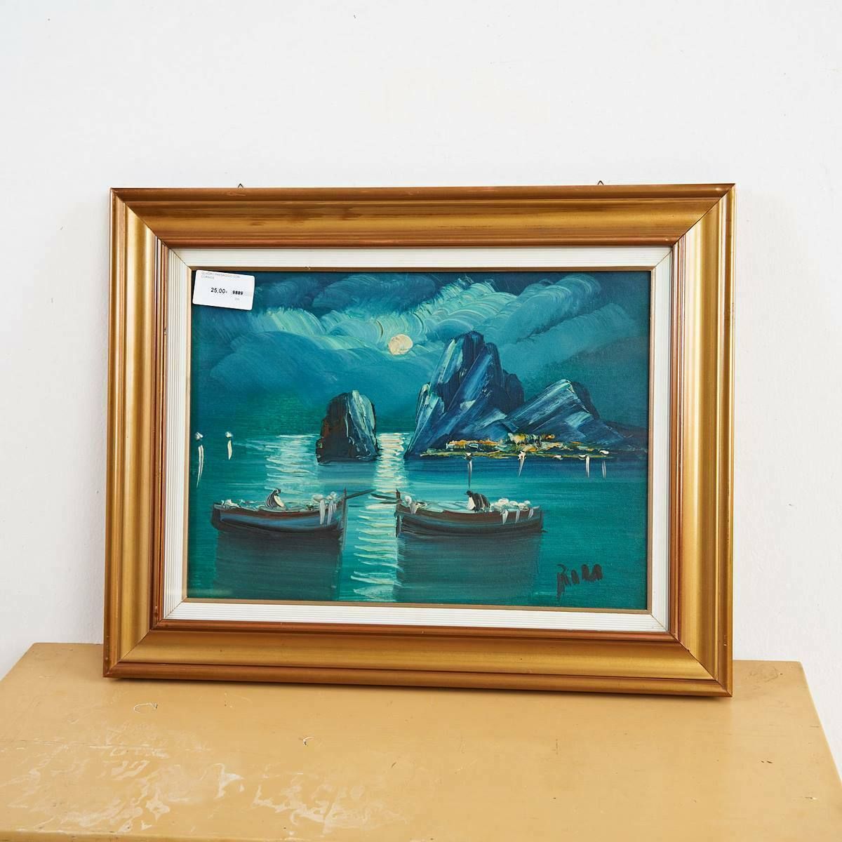 Painted Picture, Boats, Night Fishing Boats, Moonlight With Golden Frame