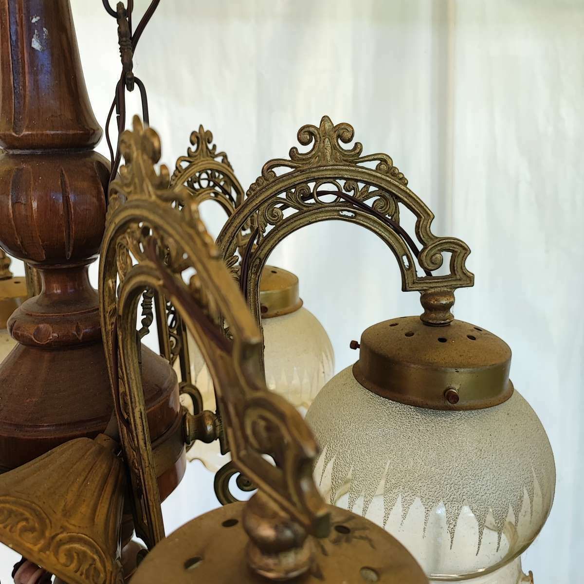 6 Arm Glass, Wood And Metal Chandelier photo for sale