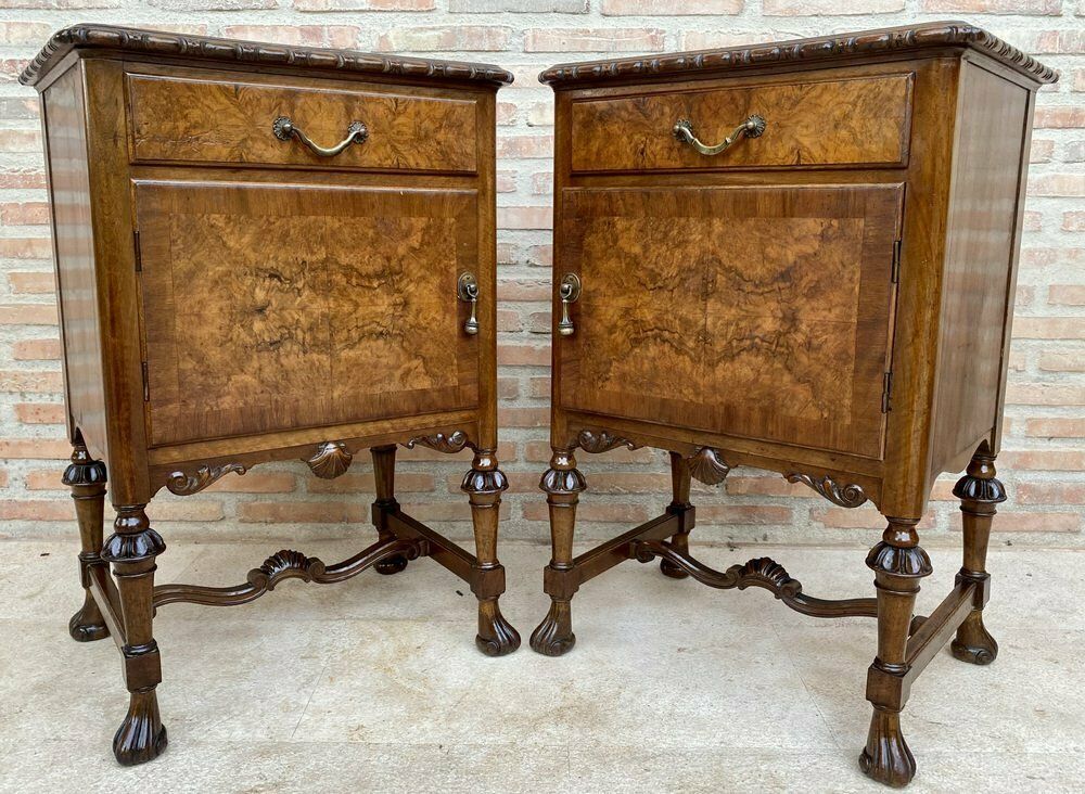 French Walnut And Burl Nightstands With Drawer, 1940, Set Of 2 photo for sale