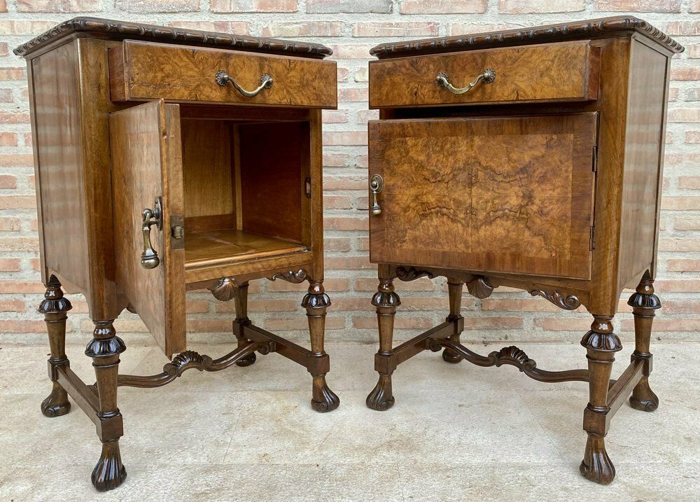 Furniture French Walnut And Burl Nightstands With Drawer, 1940, Set Of 2 photo