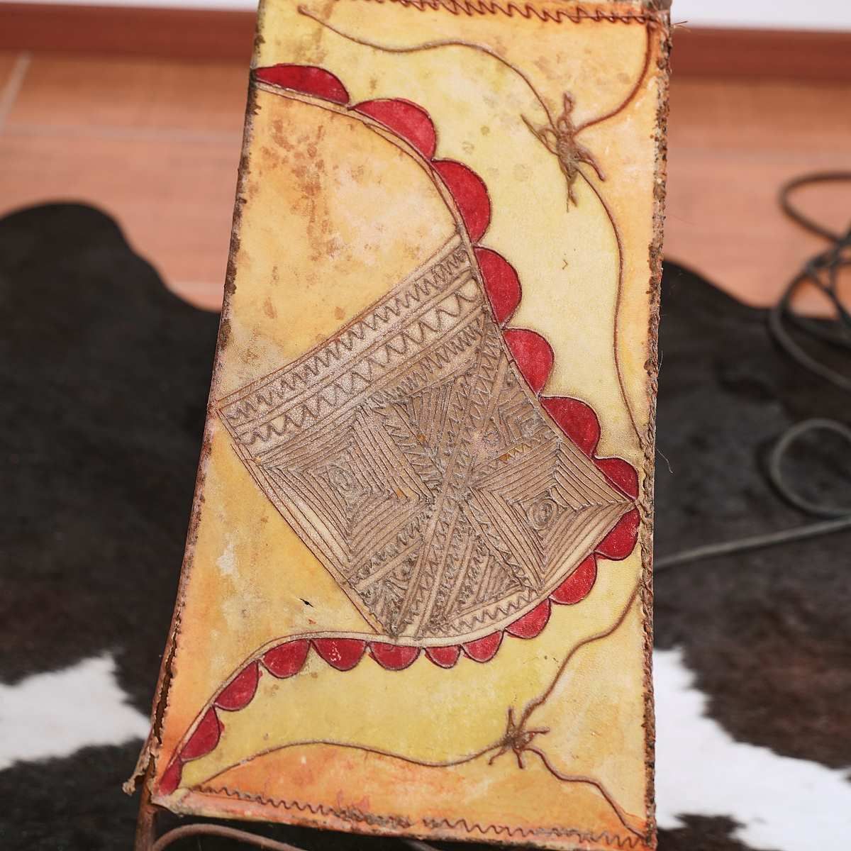 Ethnic Lamp In Painted Leather And Iron photo Lighting