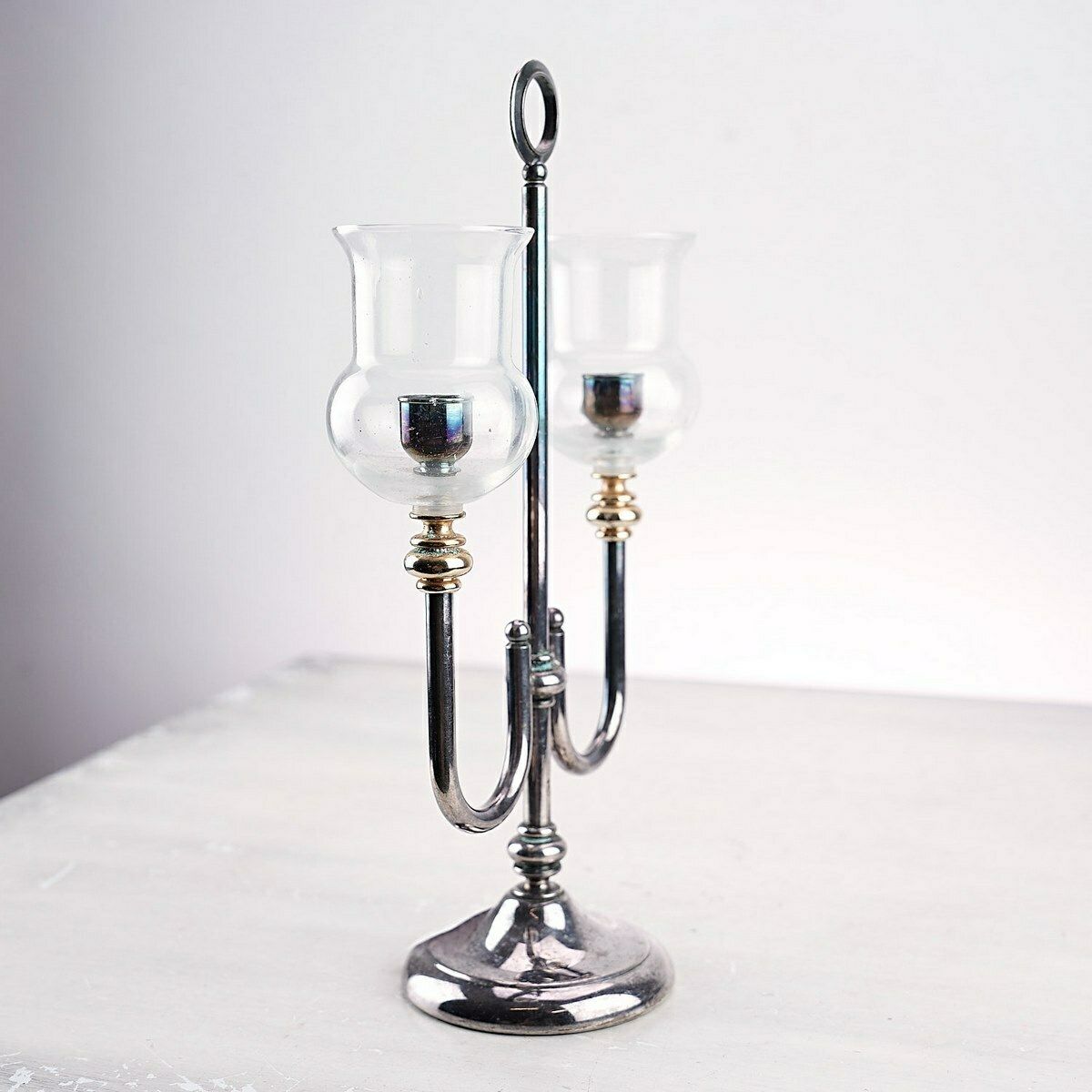 Vintage Deco Two Armed Candelabra With Glasses photo for sale