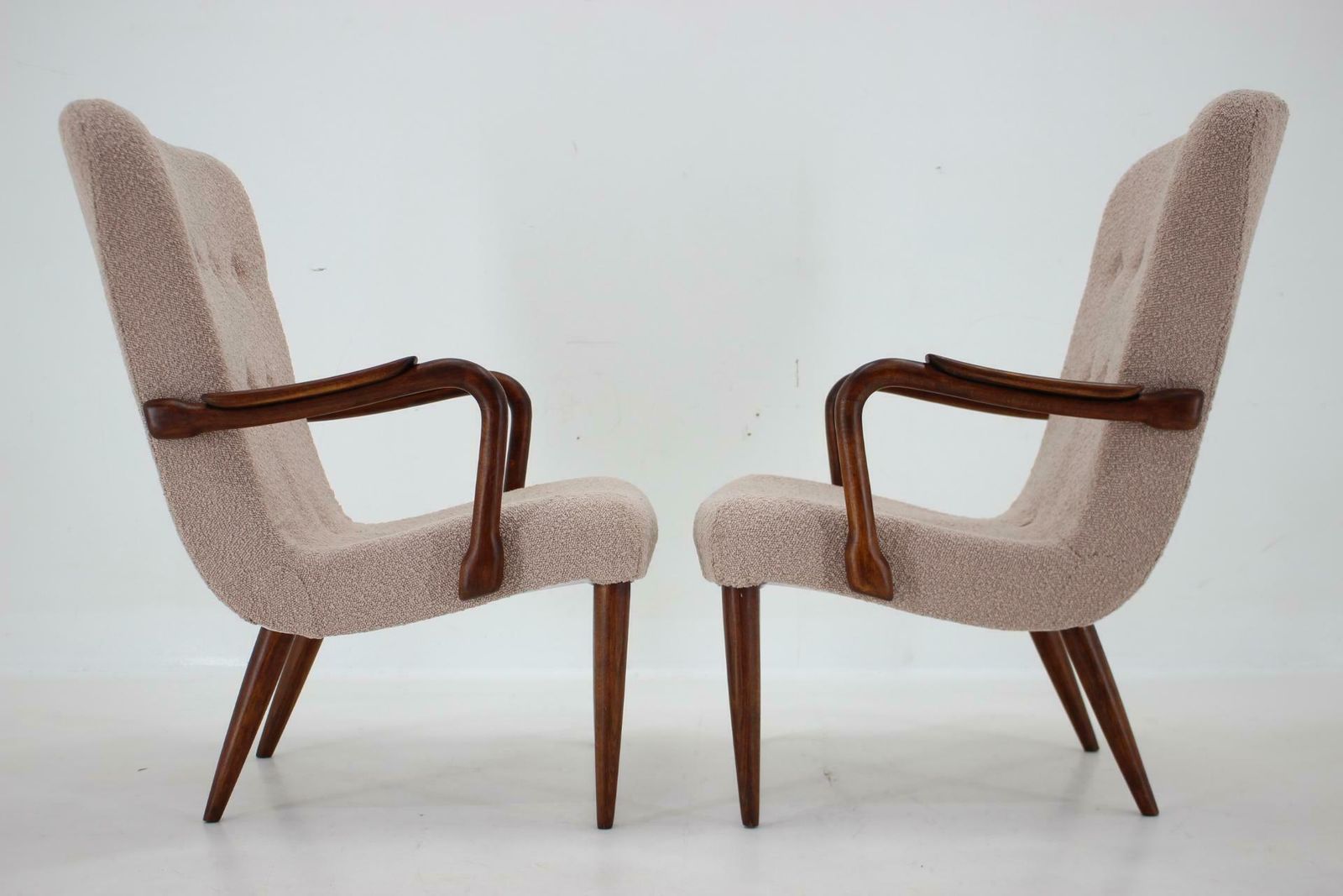 photo for sale 1960s Pair Of Restored Danish Armchairs In Boucle