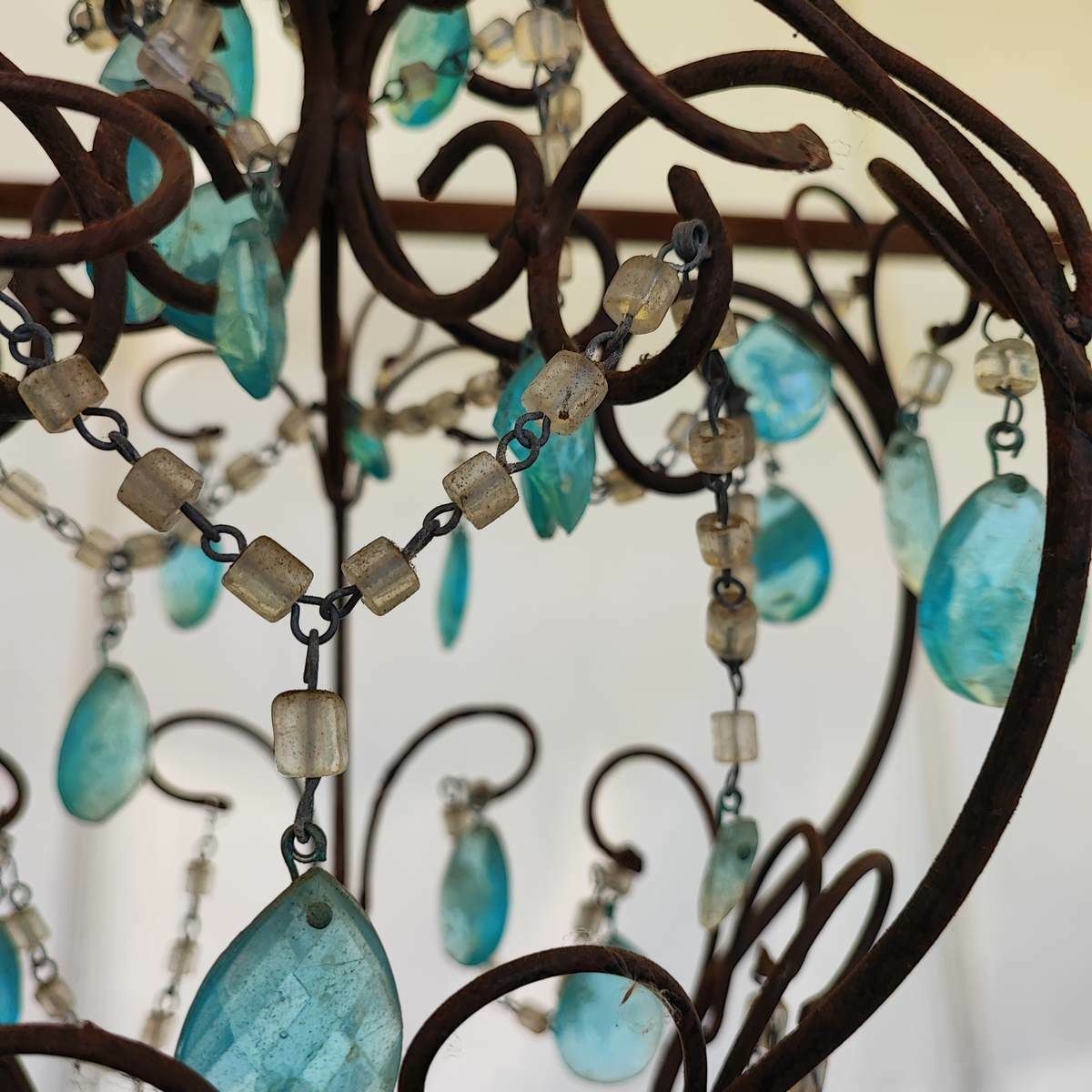 photo for sale 1940s Iron And Glass Crystal Chandelier