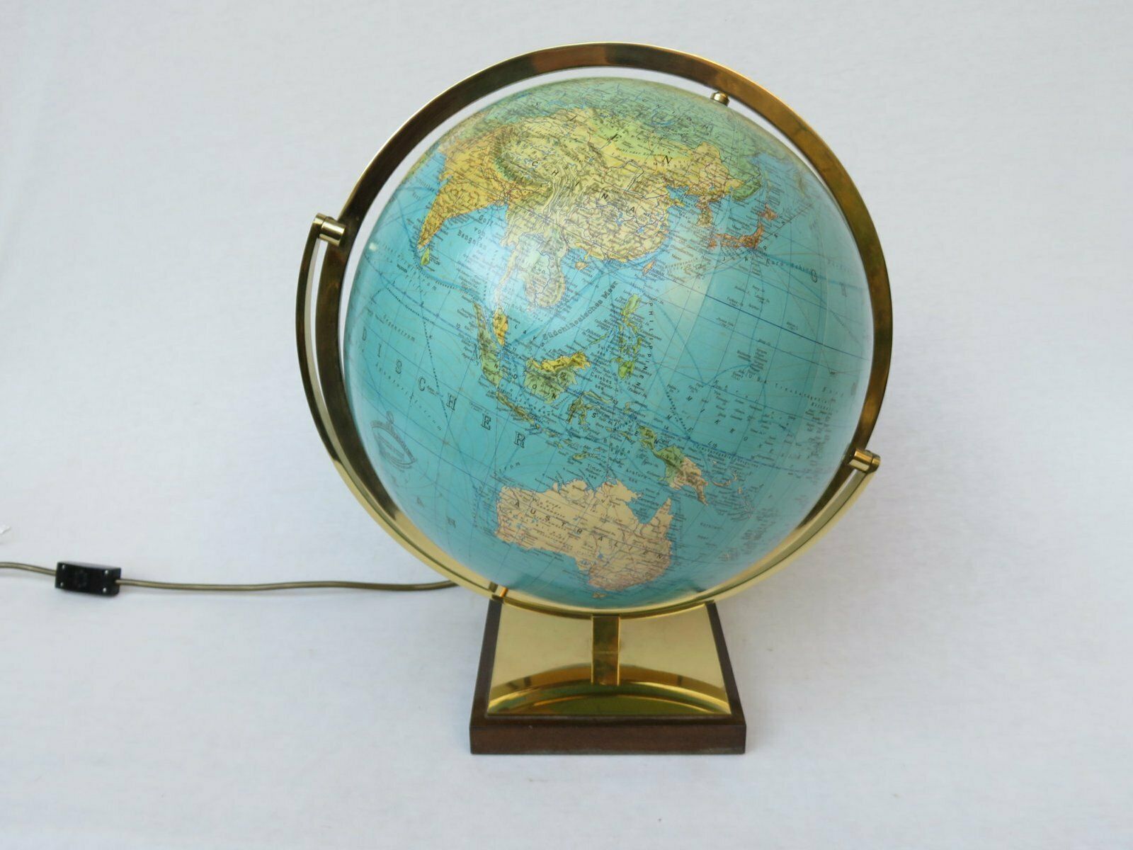 Columbus Duo Earth Globe In Ball Brass, Wood, Mouth Blown Glass, 1960s