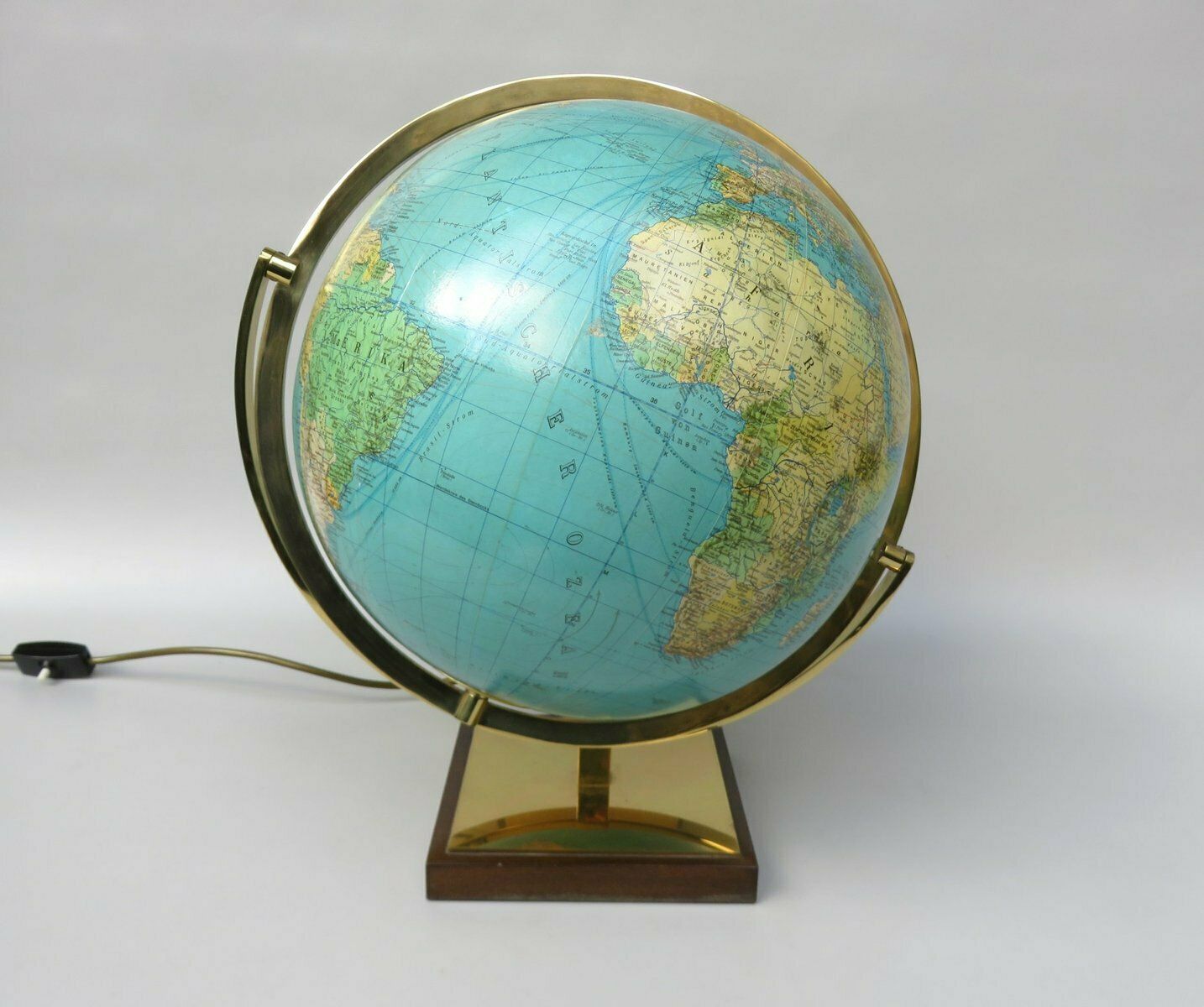 Columbus Duo Earth Globe In Ball Brass, Wood, Mouth Blown Glass, 1960s photo for sale