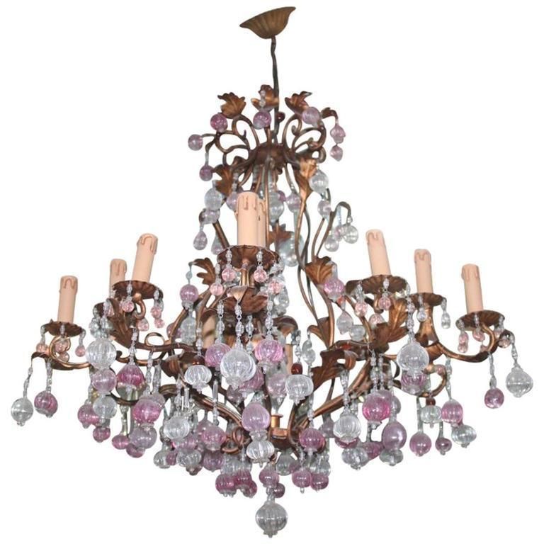 Large Chandelier In Gilded Metal Structure With Murano Glass, 1950s