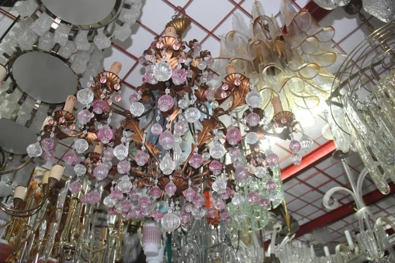 Large Chandelier In Gilded Metal Structure With Murano Glass, 1950s photo buy
