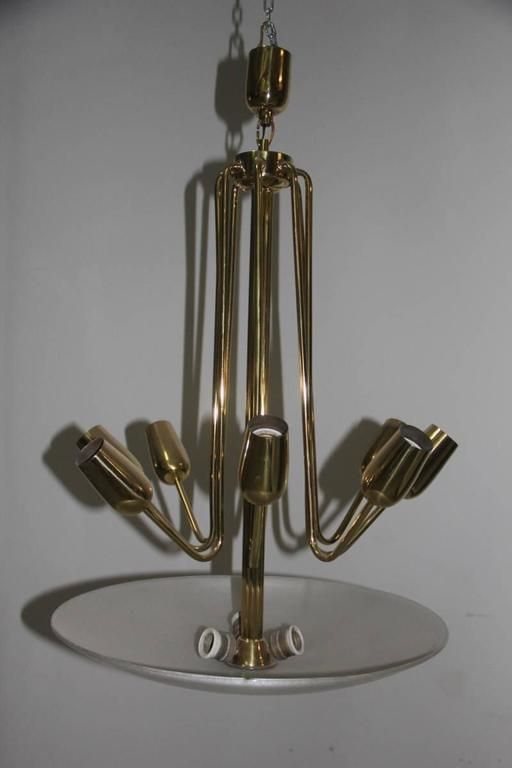 Mid Century Italian Chandelier Brass And Glass Pulegoso, 1950s photo vinterior