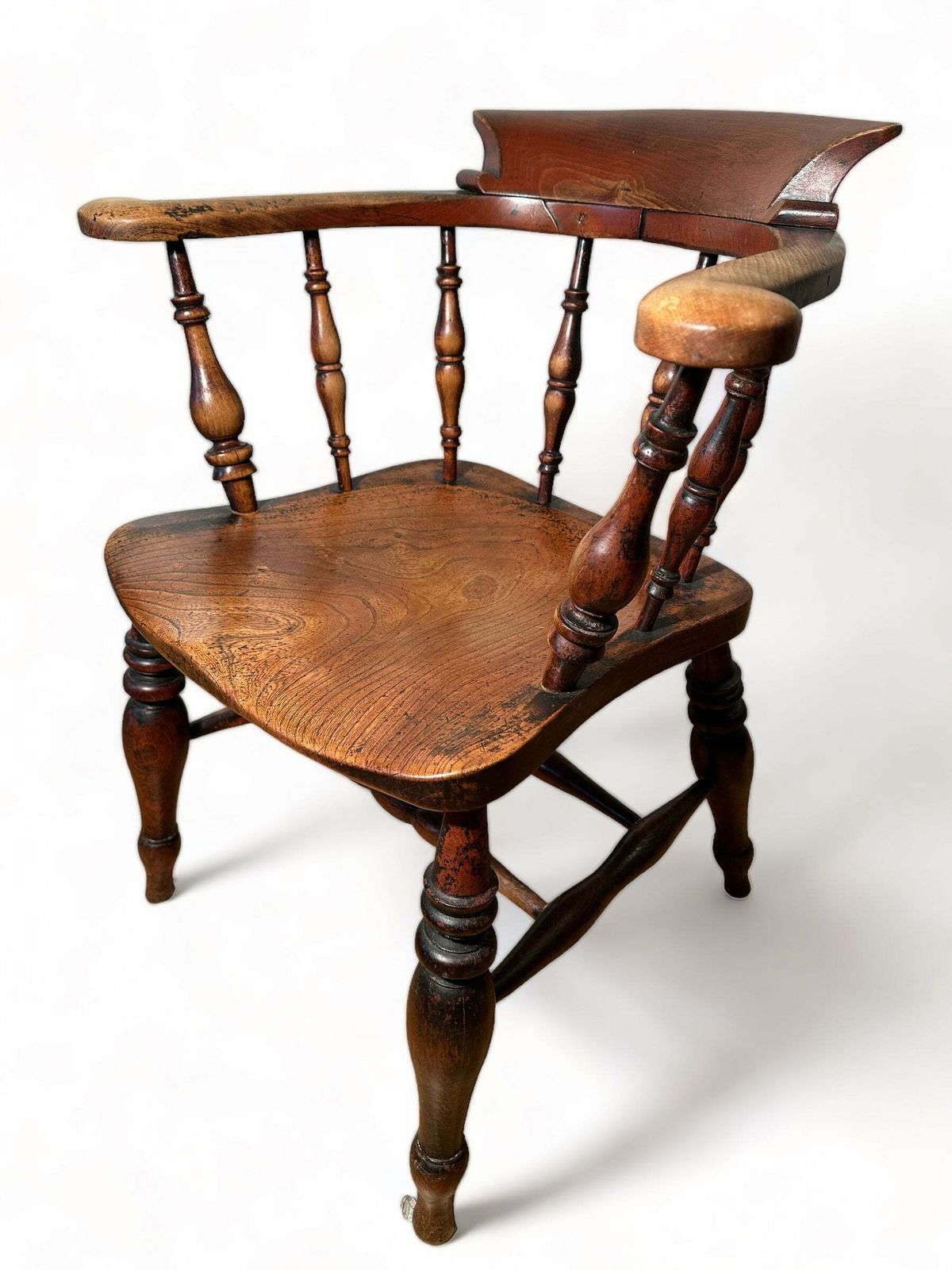 Exceptional Pair Of Early Antique English Elm & Yew Captains Elbow/Kitchen/Desk Chairs With Makers Initials & Original Oxidised Treacle Black/Red Pain photo buy