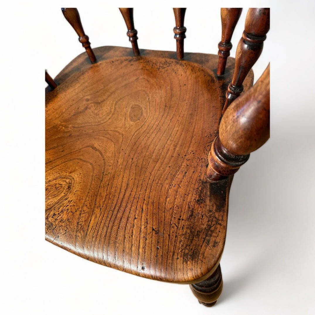 photo for sale Exceptional Pair Of Early Antique English Elm & Yew Captains Elbow/Kitchen/Desk Chairs With Makers Initials & Original Oxidised Treacle Black/Red Pain