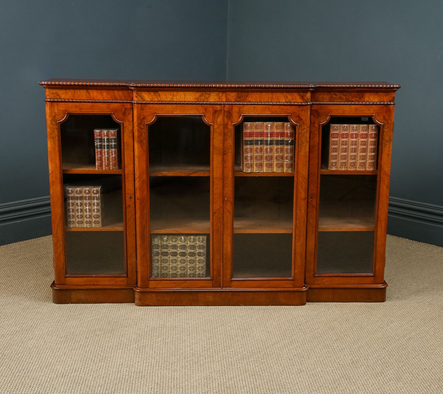 English Victorian Burr Walnut Glazed Breakfront Inlaid Display Bookcase (Circa 1860) photo furniture