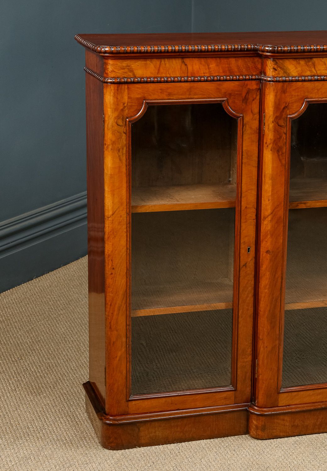 English Victorian Burr Walnut Glazed Breakfront Inlaid Display Bookcase (Circa 1860) photo 5250.0