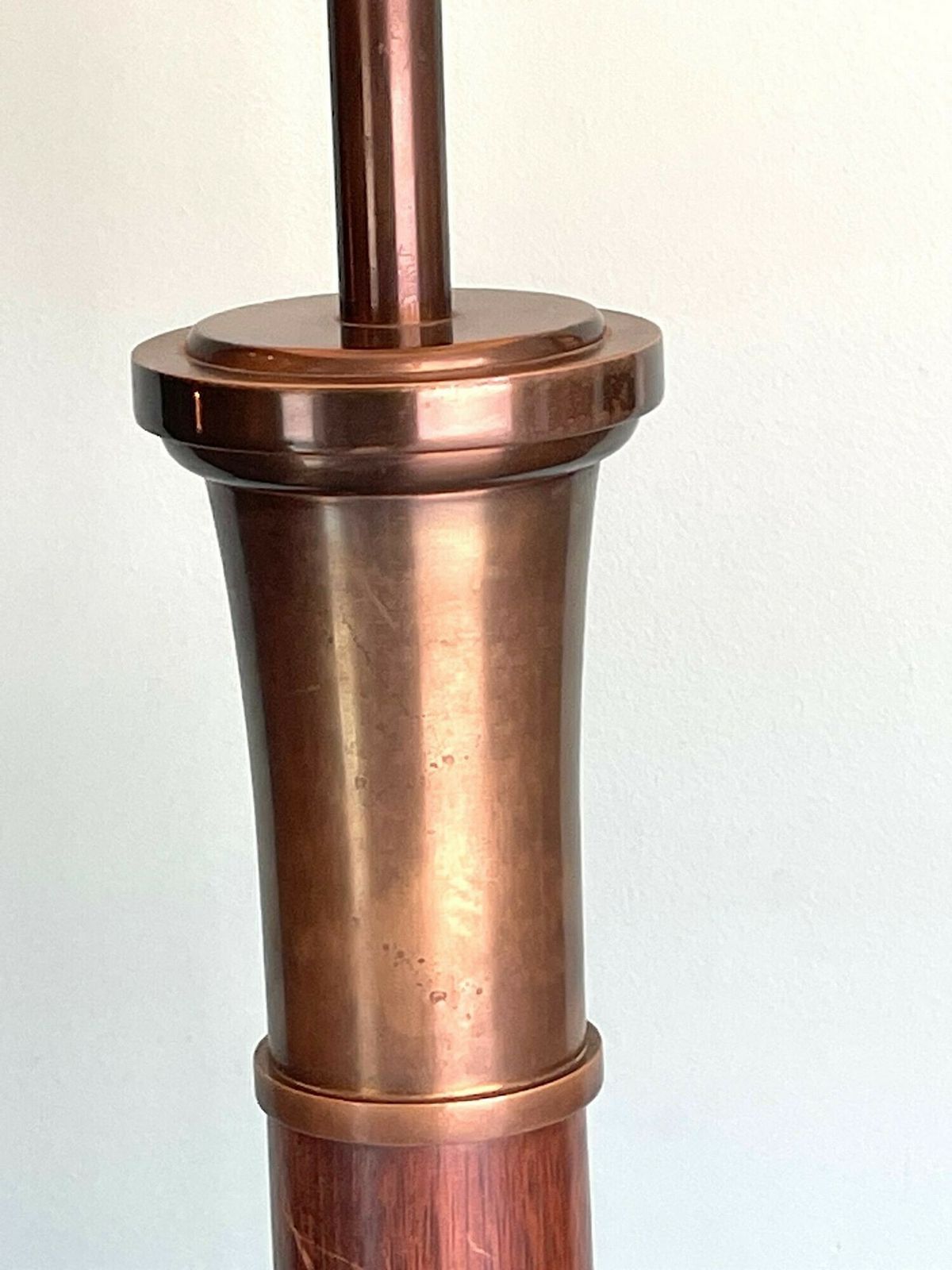 A Large 1950s Spanish Wooden And Brass Floor Lamp With Bespoke Natural Linen Drum Shade photo vinterior