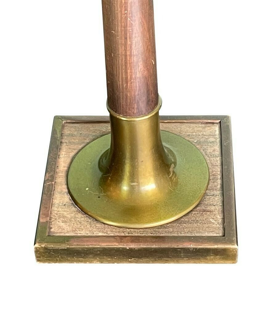 A Large 1950s Spanish Wooden And Brass Floor Lamp With Bespoke Natural Linen Drum Shade photo buy