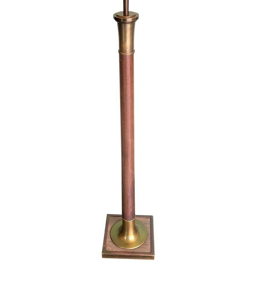photo furniture A Large 1950s Spanish Wooden And Brass Floor Lamp With Bespoke Natural Linen Drum Shade