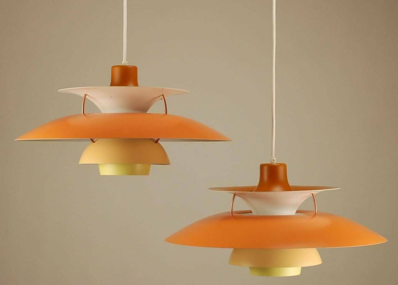 2x Vintage Orange Louis Poulsen Ph5 Pendant Lights | Vintage 1970's 'Shades Of Orange' | Mid Century Modern Design By Poul Henningsen