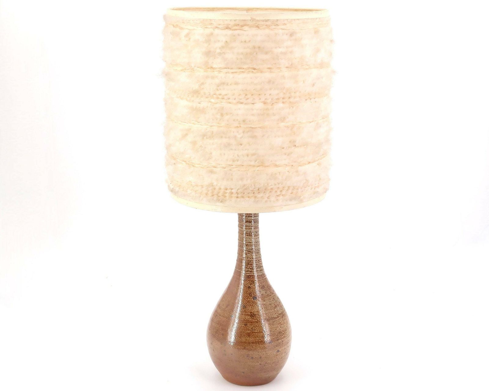 Huge Ceramic Table Lamp, Wool Shade, 1960s / Boho Chic, Folk, Country, Brown, Potter