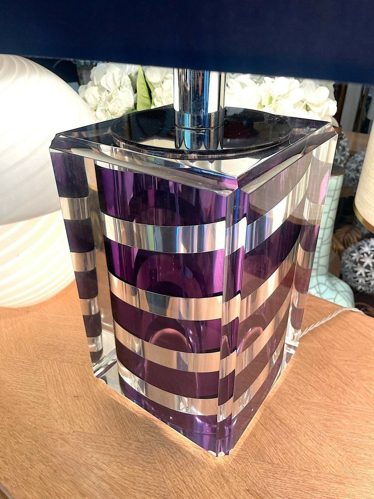 1850.0 A Large Italian 1970s Romeo Rega Lucite And Chrome Lamp In Purple And Chrome photo