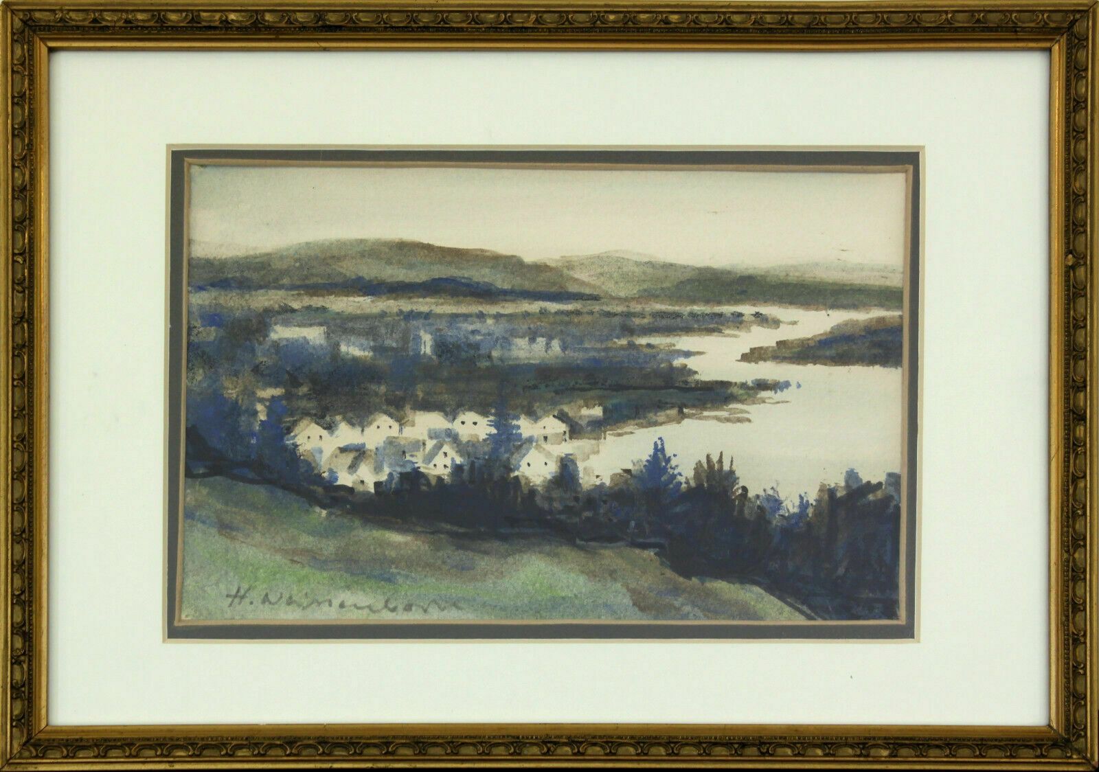Watercolour By Hellmuth Weissenborn. Coastal Village Scene