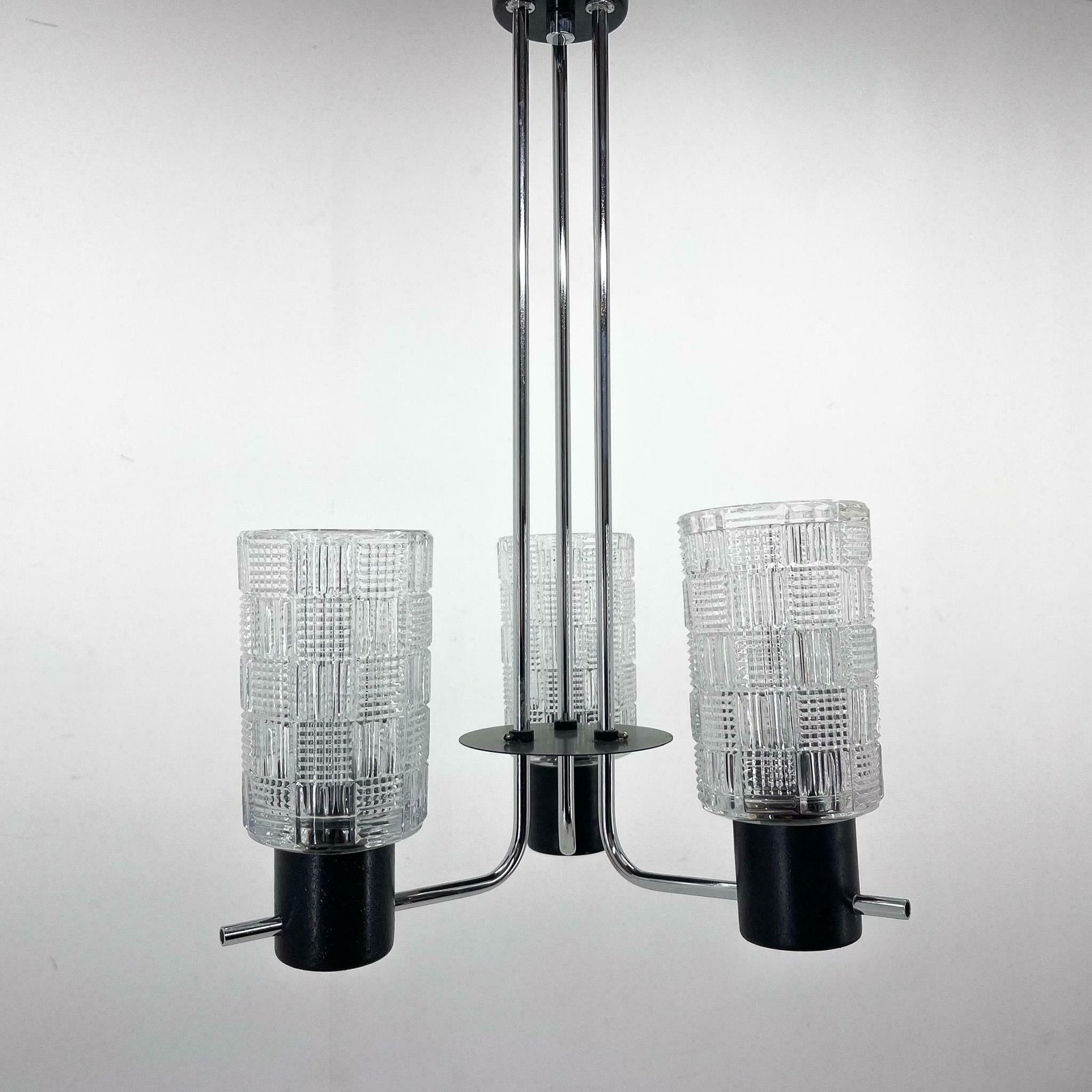 photo for sale 1970s Chrome, Glass & Metal Chandelier, Czechoslovakia