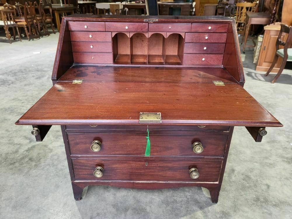 Antique Small Georgian Mahogany Bureau Desk Splayed Legs Brass Handles 12 Drawer photo furniture