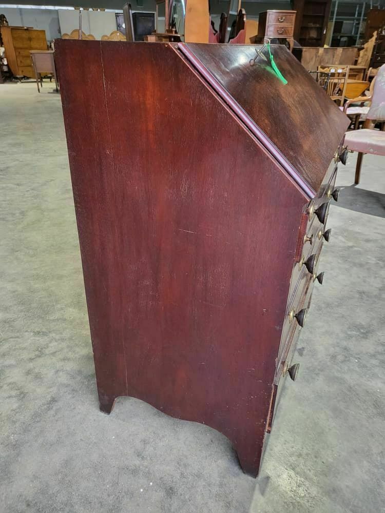 photo furniture Antique Small Georgian Mahogany Bureau Desk Splayed Legs Brass Handles 12 Drawer