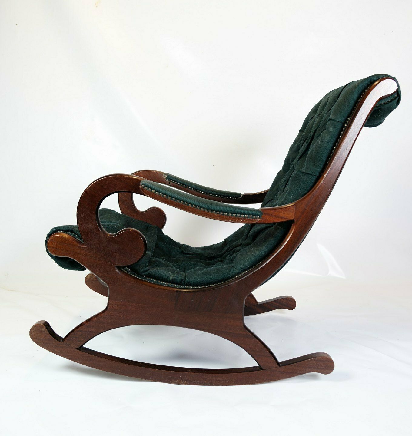 Rocking Chair In Green Wool Fabric & Mahogany From 1930s photo for sale
