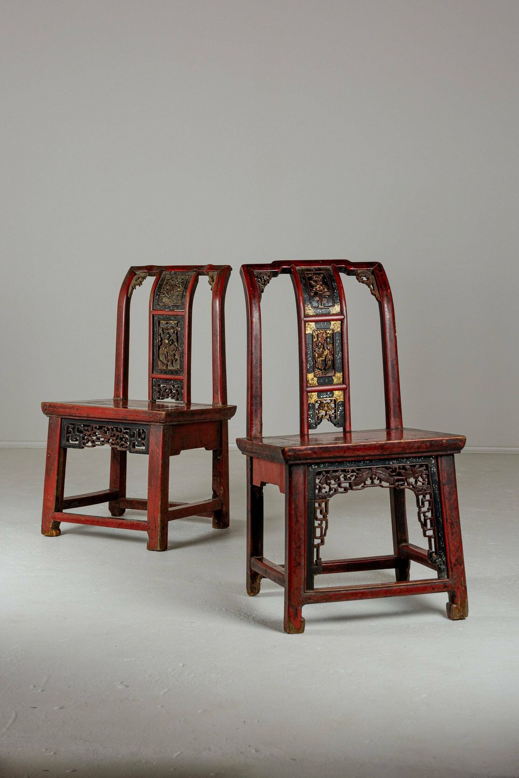 Pair Of 19th Century Chinese Red Lacquer And Gilt Wedding Chairs. Hallway Chairs.