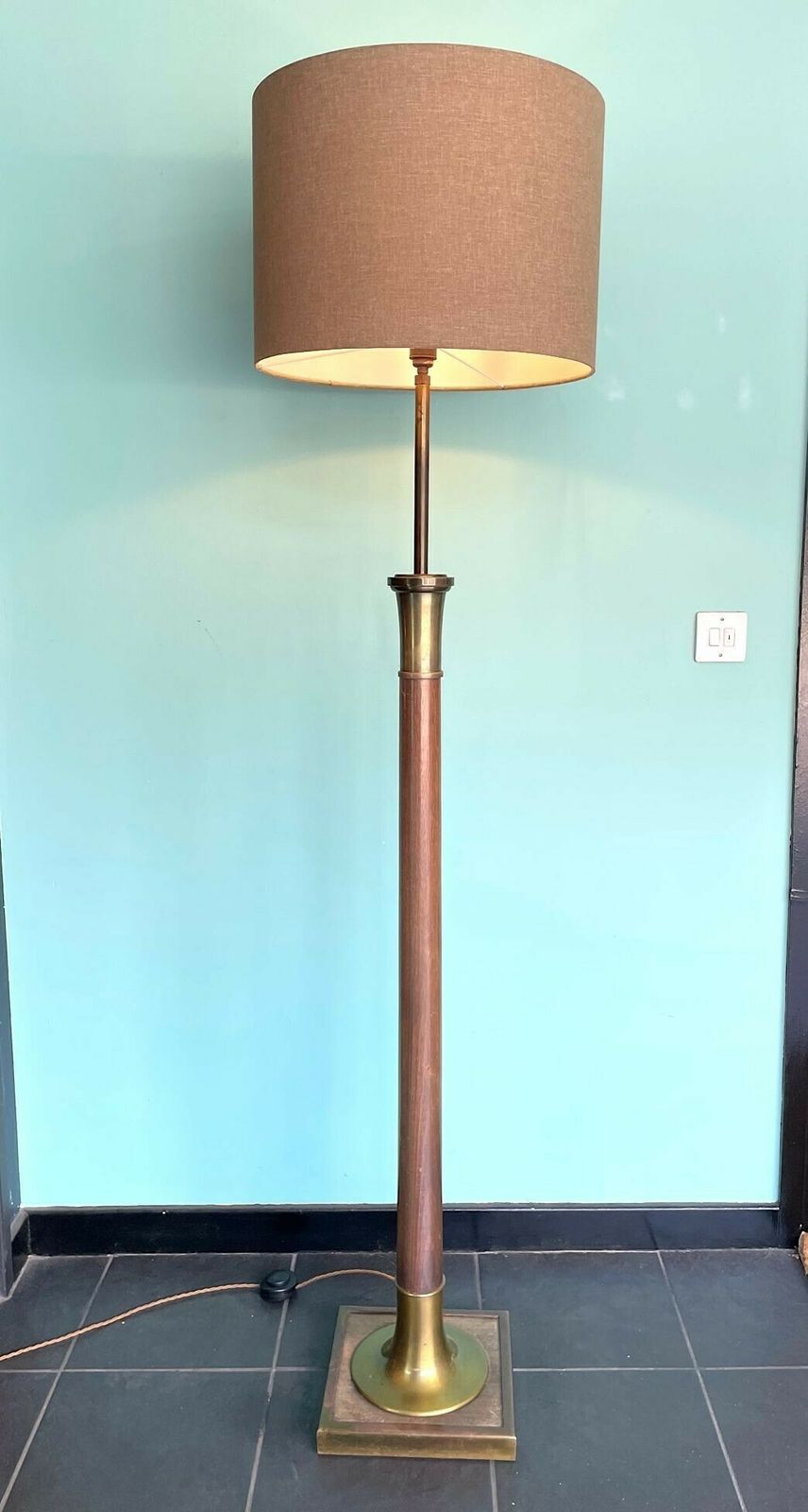 A Large 1950s Spanish Wooden And Brass Floor Lamp With Bespoke Natural Linen Drum Shade photo furniture