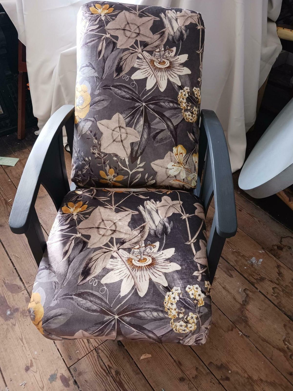 Arts And Crafts Reclining Chair In Clarke And Clarke Passiflora Velvet.