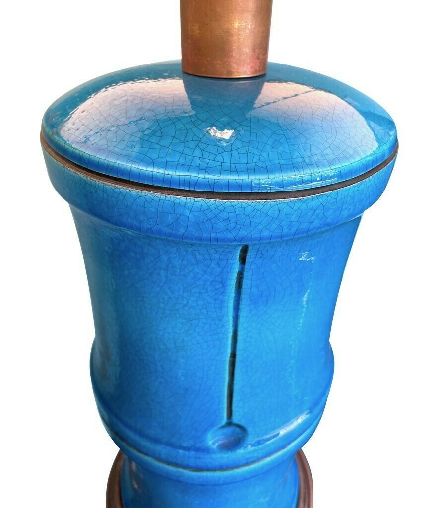 A 1970s Large Italian Faux Bamboo Ceramic Blue Lamp With Brass Fittings photo 1750.0