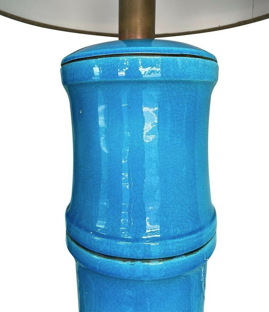 photo for sale A 1970s Large Italian Faux Bamboo Ceramic Blue Lamp With Brass Fittings