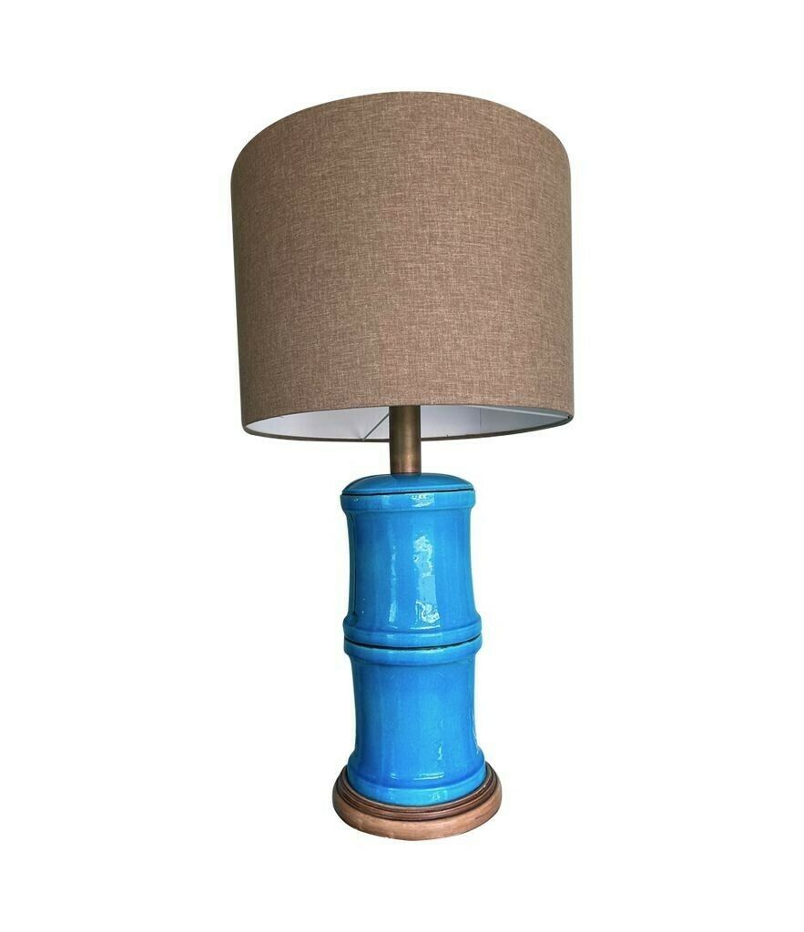 Lighting A 1970s Large Italian Faux Bamboo Ceramic Blue Lamp With Brass Fittings photo
