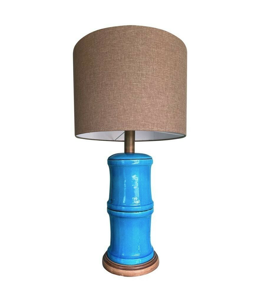 photo vinterior A 1970s Large Italian Faux Bamboo Ceramic Blue Lamp With Brass Fittings