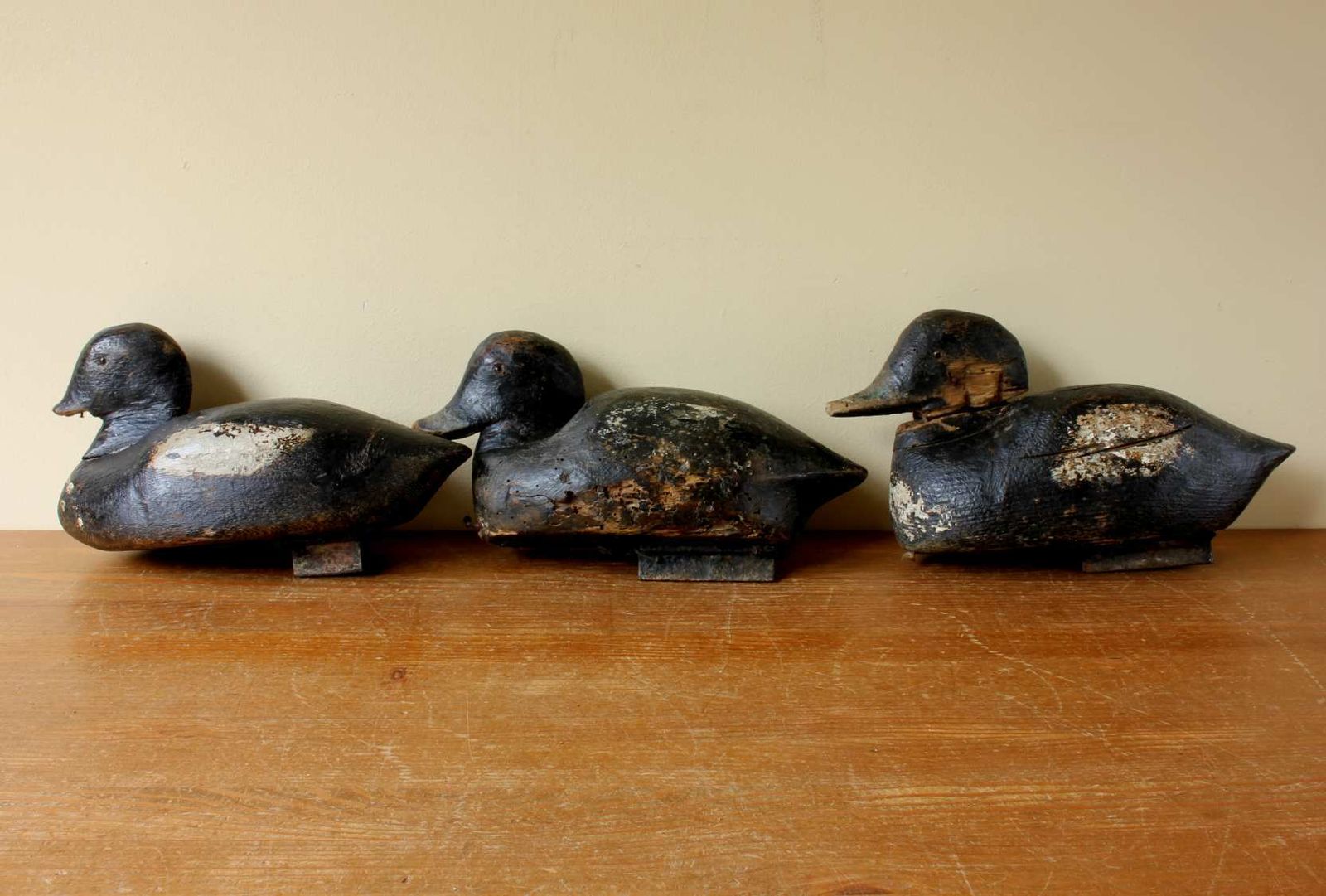 Three Antique French Wood Decoy Ducks. Early Painted Folk Art Rustic Birds. photo for sale