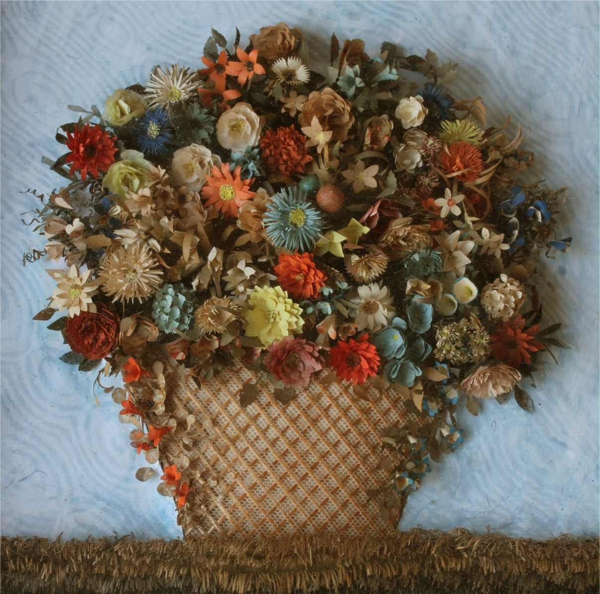 Folk Art Paper Basket Of Flowers Diorama. 19th Century Framed Shadow Box photo furniture