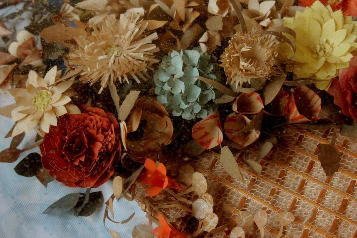 photo furniture Folk Art Paper Basket Of Flowers Diorama. 19th Century Framed Shadow Box