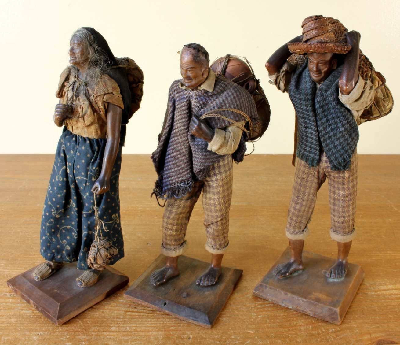 Three Wax Pedlar Figure Dolls. Bogota Colombia. Handmade. 19th Century.