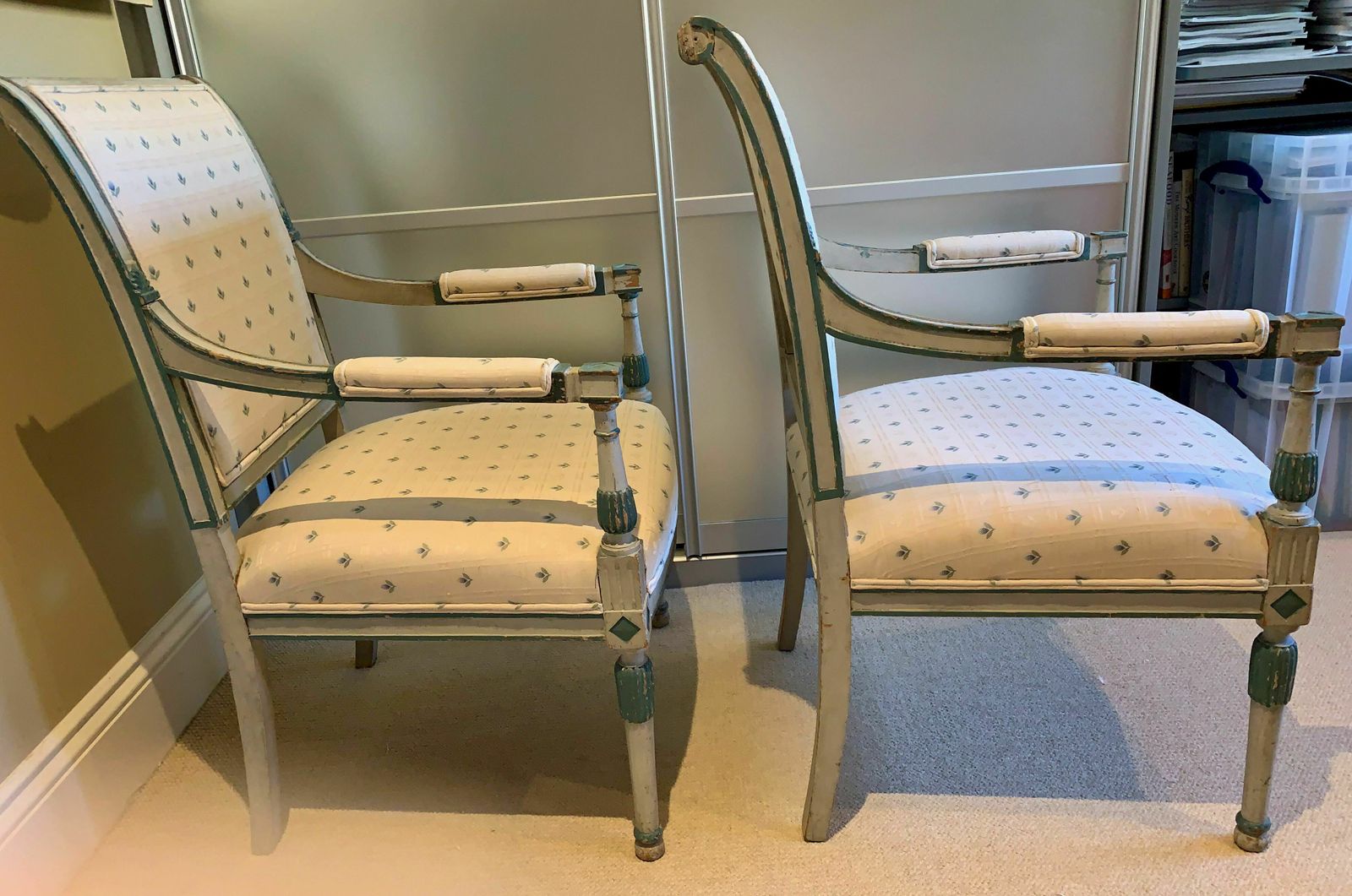 Pair Of French Painted Open Armchairs Upholstered Vintage Directoire photo for sale