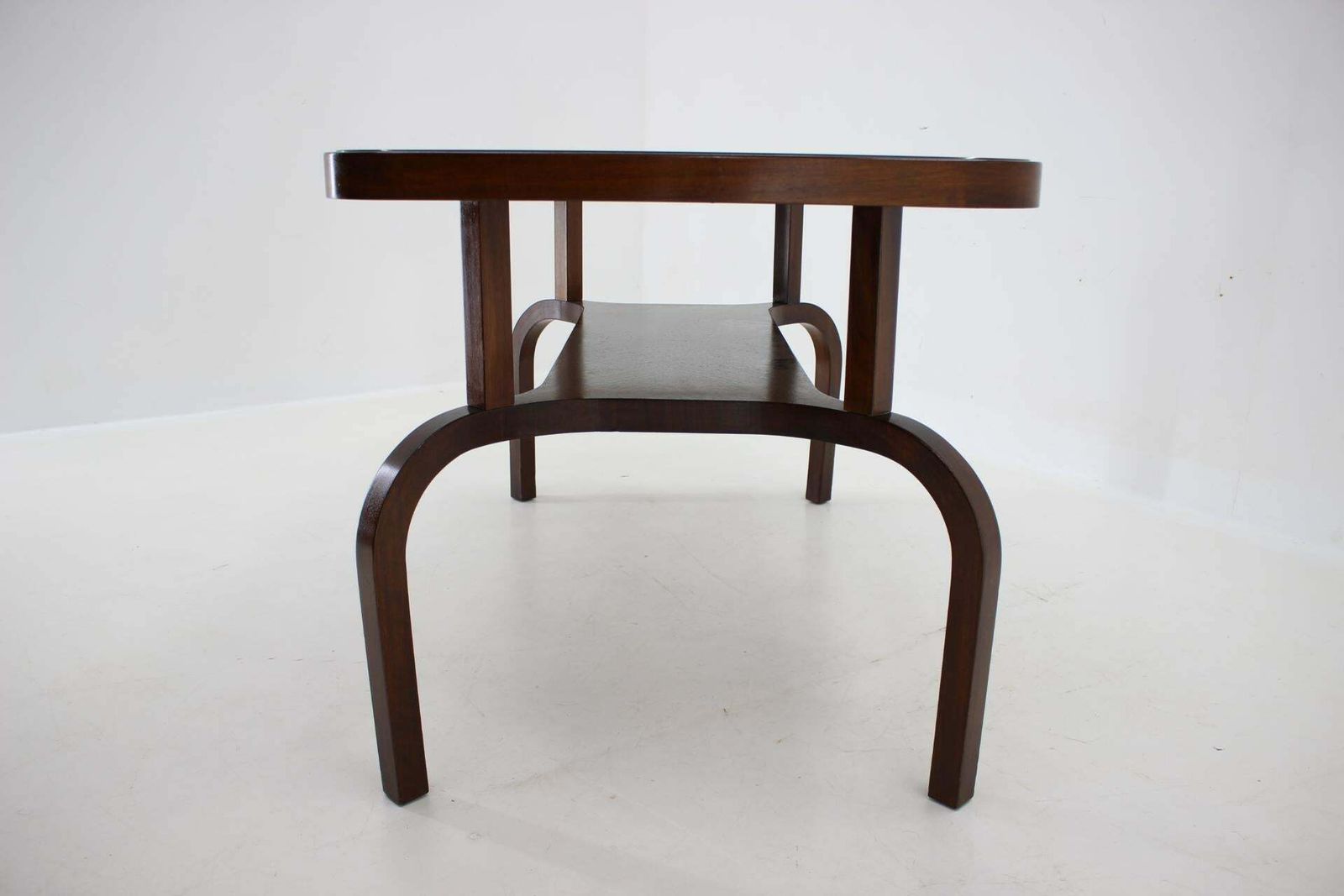 1930s Restored Coffee Table In Walnut With Glass Top, Czechoslovakia photo vinterior